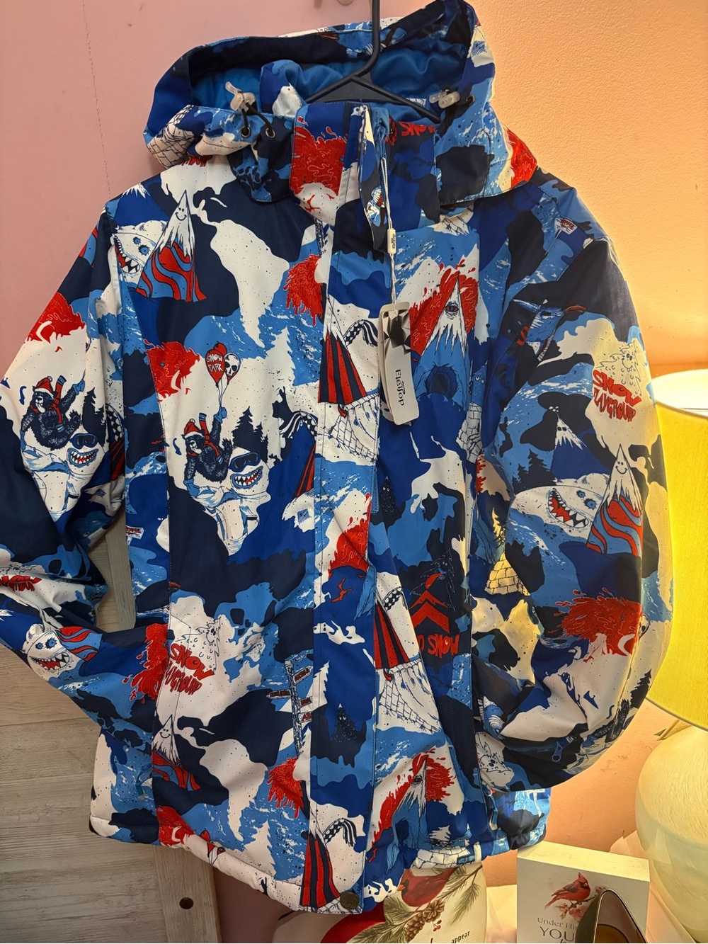 Ladies Blue & Red Printed Waterproof Jacket
